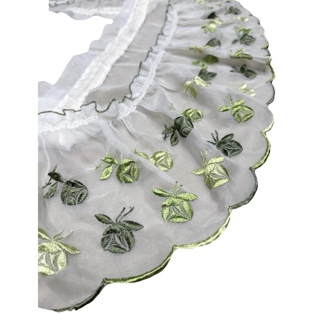 Vtg Embroidery Floral Sheer Curtain/linen Granny 69”X11”.Cottage Core Green Rose